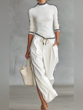 MODESEES Half-high-neck Long-sleeved T-shirt Drawstring Wide-leg Pants